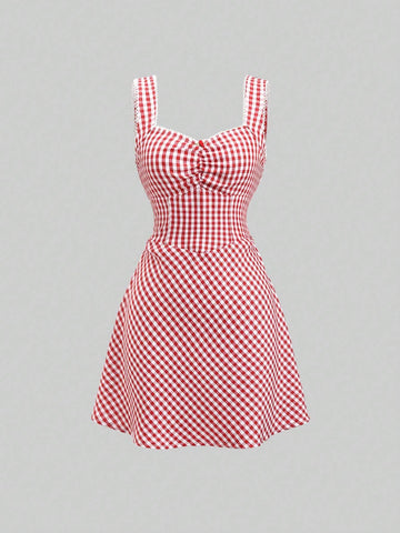 1pc Red & White Checkered Sleeveless Casual Dress, Summer 1pc Red & White Checkered Sleeveless Casual Dress, Summer
