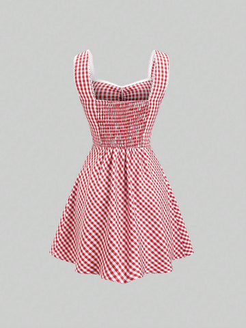1pc Red & White Checkered Sleeveless Casual Dress, Summer 1pc Red & White Checkered Sleeveless Casual Dress, Summer