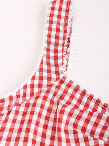 1pc Red & White Checkered Sleeveless Casual Dress, Summer 1pc Red & White Checkered Sleeveless Casual Dress, Summer