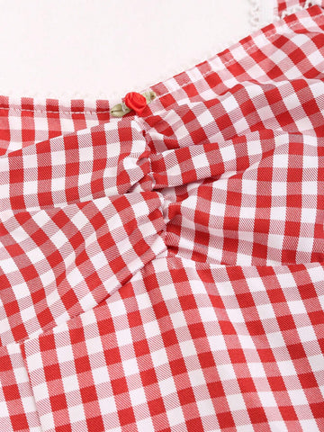 1pc Red & White Checkered Sleeveless Casual Dress, Summer 1pc Red & White Checkered Sleeveless Casual Dress, Summer