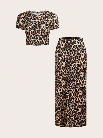 2pcs Women Casual Leopard Print Round Neck Blouse And Skirt Set 2pcs Women Casual Leopard Print Round Neck Blouse And Skirt Set
