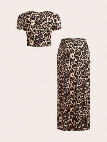 2pcs Women Casual Leopard Print Round Neck Blouse And Skirt Set 2pcs Women Casual Leopard Print Round Neck Blouse And Skirt Set