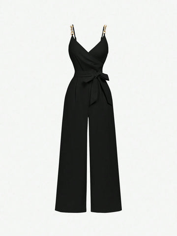 Apricot Wrap Style Chain Decor Tie-Up Bow Jumpsuit, Comfy, 70s Boho Western Feel Apricot Wrap Style Chain Decor Tie-Up Bow Jumpsuit, Comfy, 70s Boho Western Feel