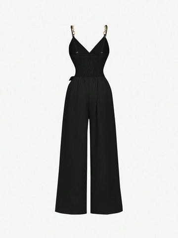 Apricot Wrap Style Chain Decor Tie-Up Bow Jumpsuit, Comfy, 70s Boho Western Feel Apricot Wrap Style Chain Decor Tie-Up Bow Jumpsuit, Comfy, 70s Boho Western Feel