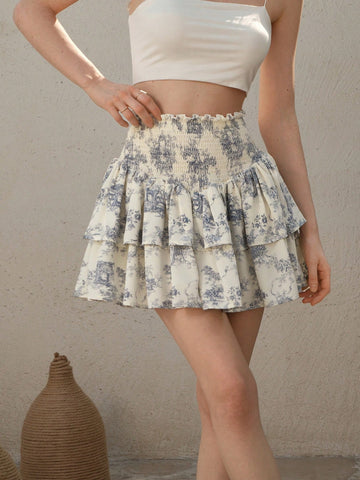 MOD Blue & White Printed Pleated Cinched Waist Vintage Skirt MOD Blue & White Printed Pleated Cinched Waist Vintage Skirt