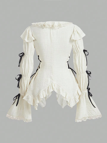 MOD Casual Solid Color Ruffle Trim Bell Sleeve Bow Decor Ladies Shirt MOD Casual Solid Color Ruffle Trim Bell Sleeve Bow Decor Ladies Shirt