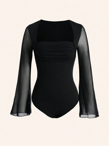 Contrast Mesh Ruched Bustier Flare Sleeve Bodysuit Contrast Mesh Ruched Bustier Flare Sleeve Bodysuit