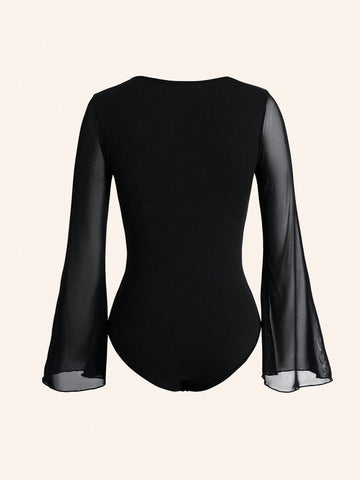 Contrast Mesh Ruched Bustier Flare Sleeve Bodysuit Contrast Mesh Ruched Bustier Flare Sleeve Bodysuit