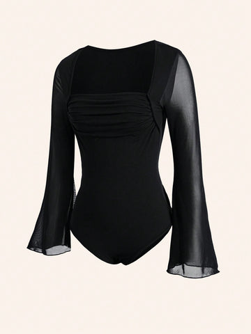 Contrast Mesh Ruched Bustier Flare Sleeve Bodysuit Contrast Mesh Ruched Bustier Flare Sleeve Bodysuit