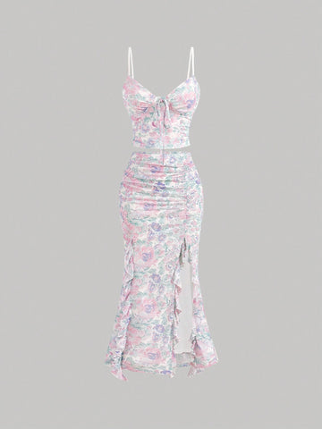 Flounce Trim Flower Printed Cami Top And Slit Hem Midi Skirt Set Flounce Trim Flower Printed Cami Top And Slit Hem Midi Skirt Set
