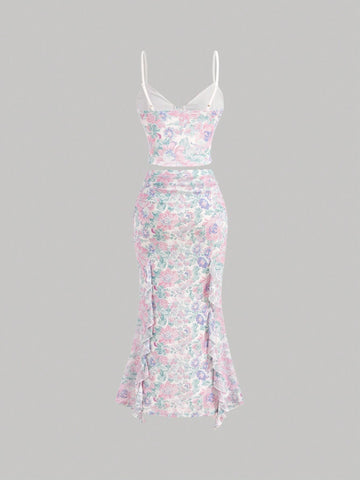 Flounce Trim Flower Printed Cami Top And Slit Hem Midi Skirt Set Flounce Trim Flower Printed Cami Top And Slit Hem Midi Skirt Set
