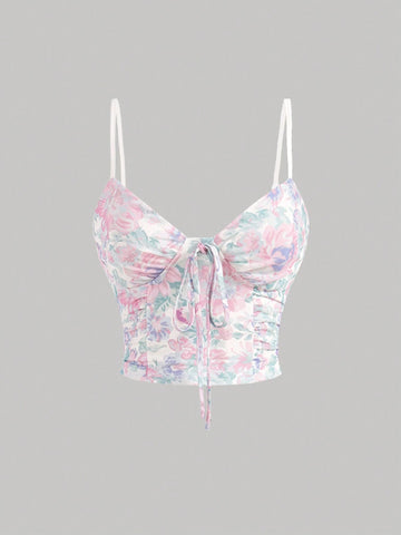 Flounce Trim Flower Printed Cami Top And Slit Hem Midi Skirt Set Flounce Trim Flower Printed Cami Top And Slit Hem Midi Skirt Set