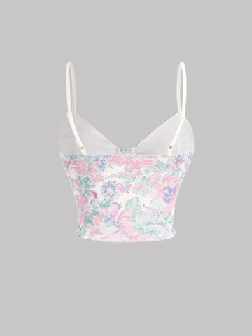 Flounce Trim Flower Printed Cami Top And Slit Hem Midi Skirt Set Flounce Trim Flower Printed Cami Top And Slit Hem Midi Skirt Set