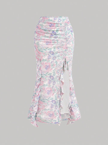 Flounce Trim Flower Printed Cami Top And Slit Hem Midi Skirt Set Flounce Trim Flower Printed Cami Top And Slit Hem Midi Skirt Set