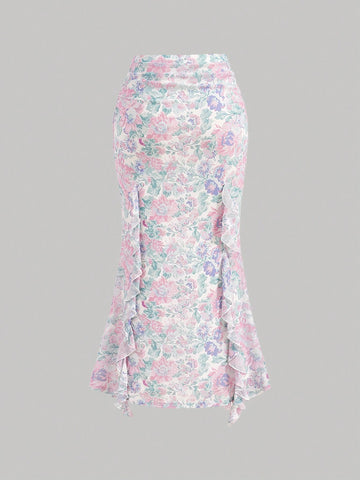 Flounce Trim Flower Printed Cami Top And Slit Hem Midi Skirt Set Flounce Trim Flower Printed Cami Top And Slit Hem Midi Skirt Set