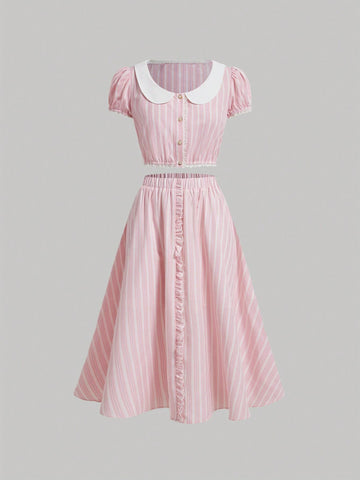 Ladies" Summer Striped Doll Collar Bubble Sleeve Shirt And Skirt Set Ladies" Summer Striped Doll Collar Bubble Sleeve Shirt And Skirt Set