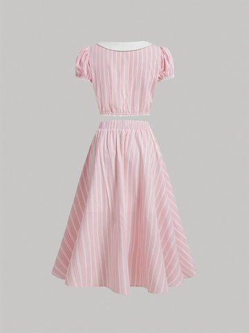 Ladies" Summer Striped Doll Collar Bubble Sleeve Shirt And Skirt Set Ladies" Summer Striped Doll Collar Bubble Sleeve Shirt And Skirt Set