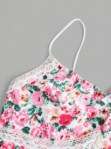 New Fashionable Elegant Beach Print Lace Splicing Front Tie Strap Tank Top And Elastic Waist Half-Length Skirt Set New Fashionable Elegant Beach Print Lace Splicing Front Tie Strap Tank Top And Elastic Waist Half-Length Skirt Set