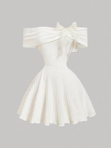 Off-Shoulder Bow Decoration Waisted Ruffle Hem Apricot Casual Dress,Off The Shoulder,Bow,Brunch Off-Shoulder Bow Decoration Waisted Ruffle Hem Apricot Casual Dress,Off The Shoulder,Bow,Brunch