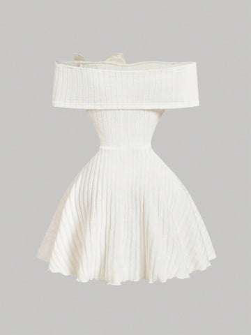 Off-Shoulder Bow Decoration Waisted Ruffle Hem Apricot Casual Dress,Off The Shoulder,Bow,Brunch Off-Shoulder Bow Decoration Waisted Ruffle Hem Apricot Casual Dress,Off The Shoulder,Bow,Brunch
