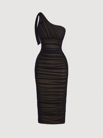 MOD One Shoulder Ruched Mesh Bodycon Dress MOD One Shoulder Ruched Mesh Bodycon Dress