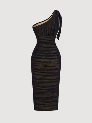 MOD One Shoulder Ruched Mesh Bodycon Dress MOD One Shoulder Ruched Mesh Bodycon Dress