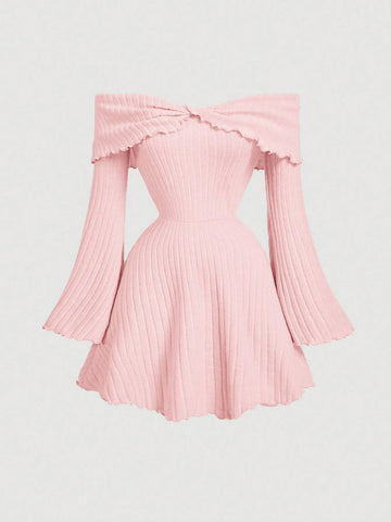 Pink Off Shoulder Sweet Flare Sleeve Knit Ruffle Hem Dress,Party Women Dresses,Elegant Women Pink Off Shoulder Sweet Flare Sleeve Knit Ruffle Hem Dress,Party Women Dresses,Elegant Women