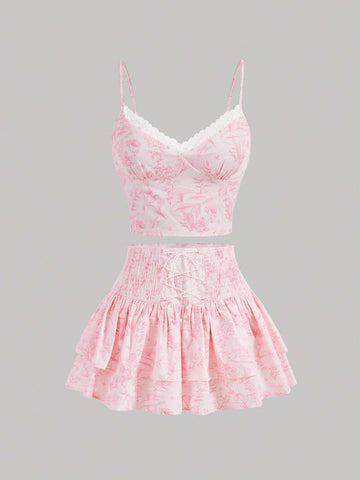 Printed Cami Top And Waist-Shirred Ruffle Hem Skirt Set Printed Cami Top And Waist-Shirred Ruffle Hem Skirt Set