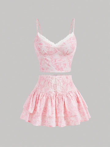 Printed Cami Top And Waist-Shirred Ruffle Hem Skirt Set Printed Cami Top And Waist-Shirred Ruffle Hem Skirt Set