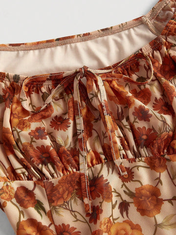 Ruched Front Tie-Up Waist A-Line Print Dress,Bohemia,Hawaiian ,Gyaru,Sexy ,Western,Coquette Ruched Front Tie-Up Waist A-Line Print Dress,Bohemia,Hawaiian ,Gyaru,Sexy ,Western,Coquette