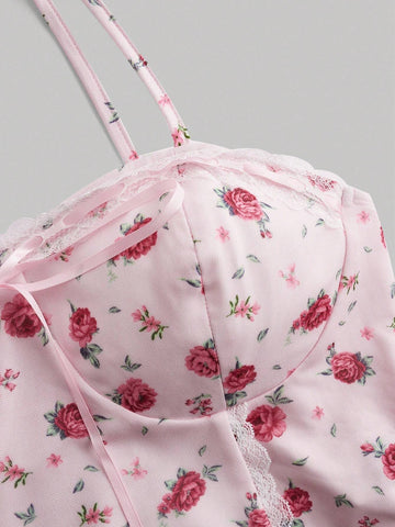 Summer Small Floral Spliced Lace Trim Spaghetti Strap Multi-Layer Ruffled Hem Package Hip Mesh Skirt Set Summer Small Floral Spliced Lace Trim Spaghetti Strap Multi-Layer Ruffled Hem Package Hip Mesh Skirt Set