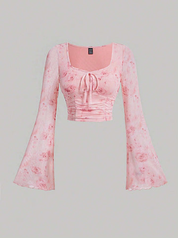 MOD Tie Dye Knot Front Flounce Sleeve Crop Top MOD Tie Dye Knot Front Flounce Sleeve Crop Top