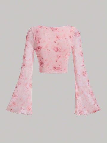 MOD Tie Dye Knot Front Flounce Sleeve Crop Top MOD Tie Dye Knot Front Flounce Sleeve Crop Top