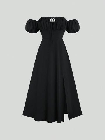 MOD Tie Shoulder Bubble Sleeve Bodycon Dress With Textured Fabric MOD Tie Shoulder Bubble Sleeve Bodycon Dress With Textured Fabric