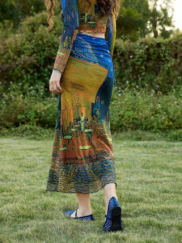 MOD Van Gogh Oil Painting Vintage Fish Tail Design Knitted Skirt For Women MOD Van Gogh Oil Painting Vintage Fish Tail Design Knitted Skirt For Women