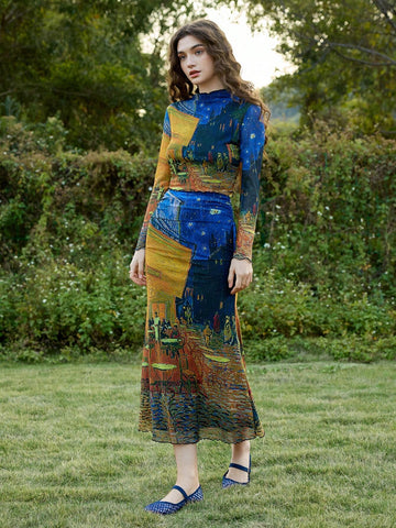 MOD Van Gogh Oil Painting Vintage Fish Tail Design Knitted Skirt For Women MOD Van Gogh Oil Painting Vintage Fish Tail Design Knitted Skirt For Women