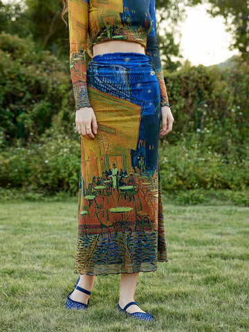 MOD Van Gogh Oil Painting Vintage Fish Tail Design Knitted Skirt For Women MOD Van Gogh Oil Painting Vintage Fish Tail Design Knitted Skirt For Women