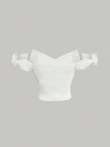 White Off-Shoulder Top With Asymmetric Neckline, 3D Floral Decoration And Bustier Design For White Off-Shoulder Top With Asymmetric Neckline, 3D Floral Decoration And Bustier Design For