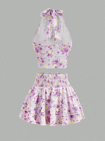 Women\ Fashionable Halter Neck Floral Top And Skirt Set Women\ Fashionable Halter Neck Floral Top And Skirt Set