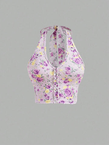 Women\ Fashionable Halter Neck Floral Top And Skirt Set Women\ Fashionable Halter Neck Floral Top And Skirt Set