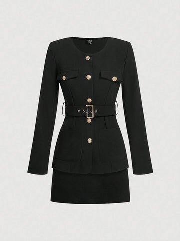 Women Front Button Long Sleeve Pocket Minimalist Top And A-Line Skirt Suit Women Front Button Long Sleeve Pocket Minimalist Top And A-Line Skirt Suit