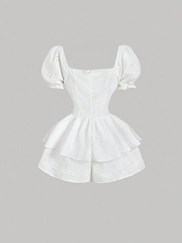 Women's Embroidered Ruffle Sleeve Romper For Spring/Summer, White Jumpsuit Women's Embroidered Ruffle Sleeve Romper For Spring/Summer, White Jumpsuit