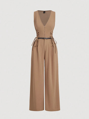 Women's Khaki Suit Vest With Tie Jumpsuit, Casual Business Jumpsuit (With Belt) Women's Khaki Suit Vest With Tie Jumpsuit, Casual Business Jumpsuit (With Belt)