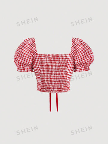 Women's Plaid Short Puff Sleeve Shirt And Skirt Set Women's Plaid Short Puff Sleeve Shirt And Skirt Set