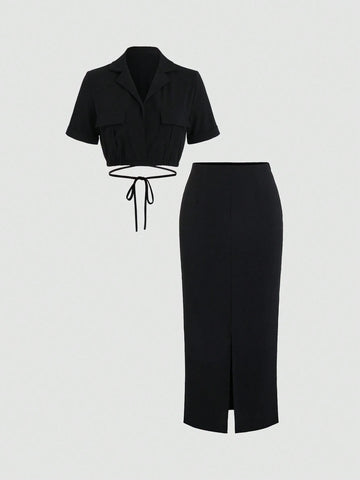 Women's Solid Color Simple Daily Twill Woven Short Sleeve Top And Skirt Set Women's Solid Color Simple Daily Twill Woven Short Sleeve Top And Skirt Set
