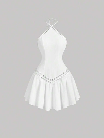 Women's White Halter Neck Studded Western Mini Dress,Concert ,Graduation Women's White Halter Neck Studded Western Mini Dress,Concert ,Graduation