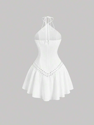 Women's White Halter Neck Studded Western Mini Dress,Concert ,Graduation Women's White Halter Neck Studded Western Mini Dress,Concert ,Graduation