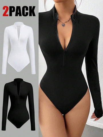2pcs White & Black Mock Neck Zip-Front Long Sleeve Bodysuit 2pcs White & Black Mock Neck Zip-Front Long Sleeve Bodysuit