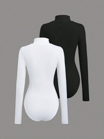 2pcs White & Black Mock Neck Zip-Front Long Sleeve Bodysuit 2pcs White & Black Mock Neck Zip-Front Long Sleeve Bodysuit