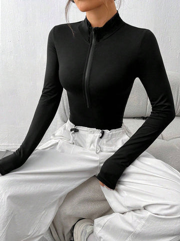 2pcs White & Black Mock Neck Zip-Front Long Sleeve Bodysuit 2pcs White & Black Mock Neck Zip-Front Long Sleeve Bodysuit